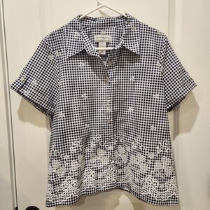 Alfred Dunner Navy Gingham Short Sleeve Shirt Size Large Petite